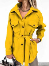 Fashionable Lace-up Small Fragrant Jacket With Pockets-Yellow-2