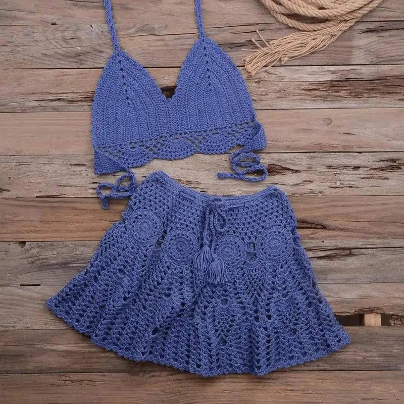 Fashionable Modern Hand-woven Beach Vacation Strappy Bikini-Blue-8