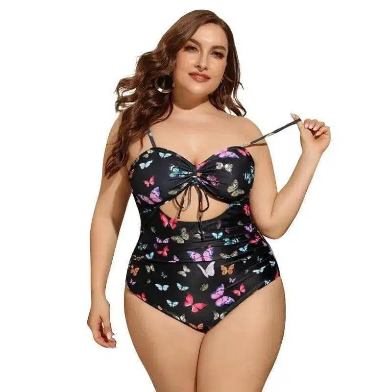 Fat Woman One Piece Print Plus Fat Swimsuit-Black-2