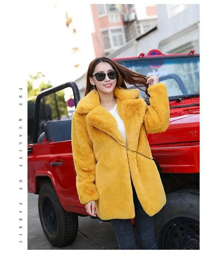 Female Imitation Rabbit Fur Loose Lapel Coat-Yellow-3