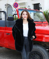 Female Imitation Rabbit Fur Loose Lapel Coat-Black-5