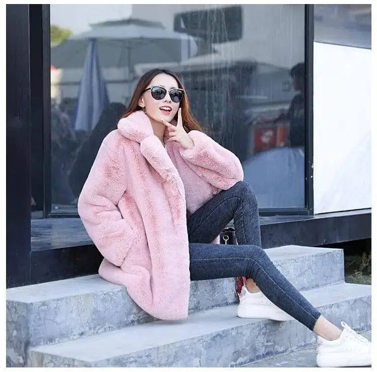 Female Imitation Rabbit Fur Loose Lapel Coat-6