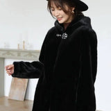 Female Mink Fur Coat With Hood-Black-3