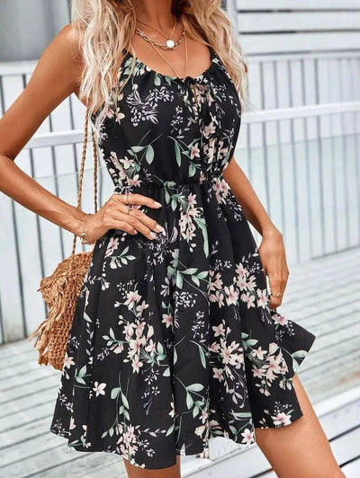 Floral Print Suspender Dress With Elastic Waist Design Fashion Summer Short Dresses Womens Clothing-Black-7