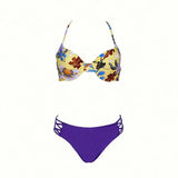 Flower bikini strap solid color hard cover swimsuit-Yellowpurple-1