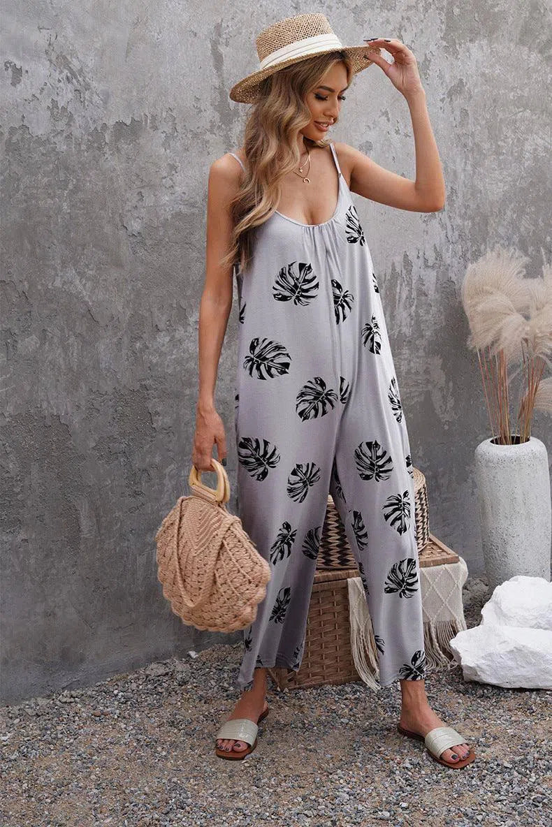 Flowers Print Suspender Jumpsuit With Pockets Spring Summer Fashion Round-neck Overalls For Womens Clothing-Grey-6