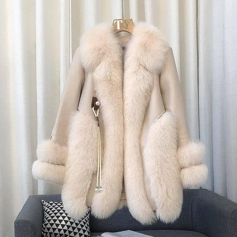 High-end Imported Whole Skin Fox Fur Coat Female-Milk tea color-4