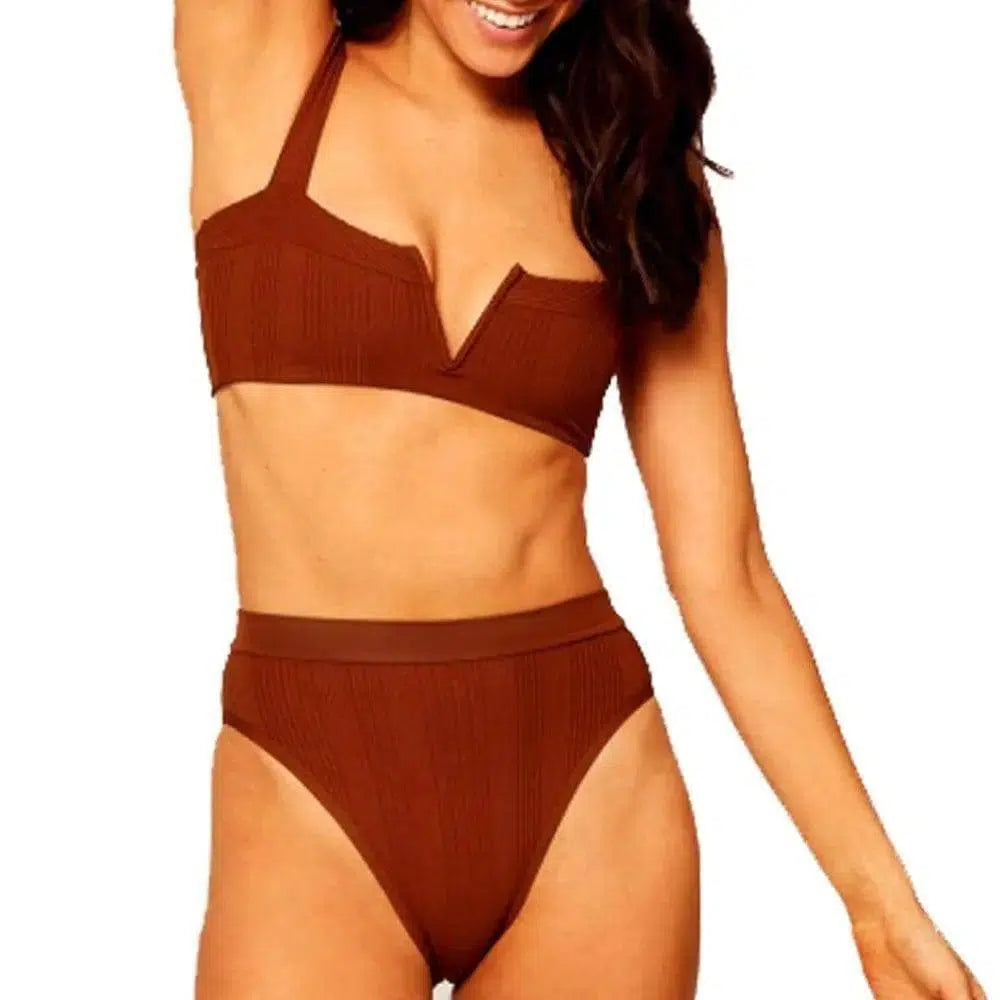 High waist ladies split swimsuit-WineRed-3