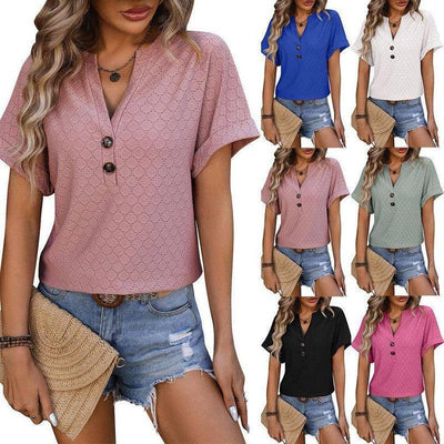 New Hollow Circle Design T-shirt V-neck Button Solid Color Short-sleeved T-shirt Tops For Womens Clothing-1