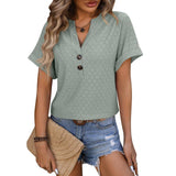 New Hollow Circle Design T-shirt V-neck Button Solid Color Short-sleeved T-shirt Tops For Womens Clothing-Green-2