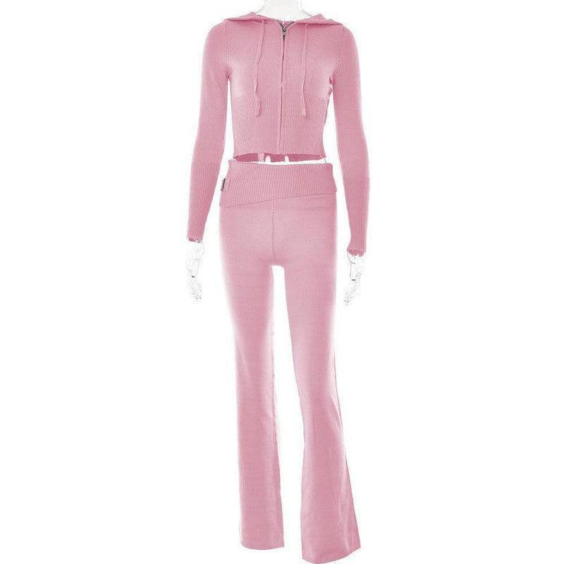 Hoodie Suit Women Leisure Zip Long Sleeve Sweater And High Waist Long Pants Set-Pink suit-13