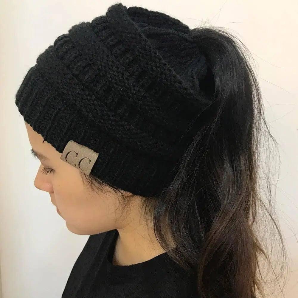 Knitted Ponytail Hat, Women's Wool Hat Fashion-Black-26