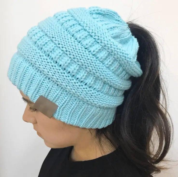 Knitted Ponytail Hat, Women's Wool Hat Fashion-Blue-9