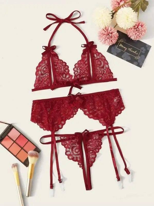 Lace Butterfly Bra Panty Garter Belt Bikini Three-piece Set-2