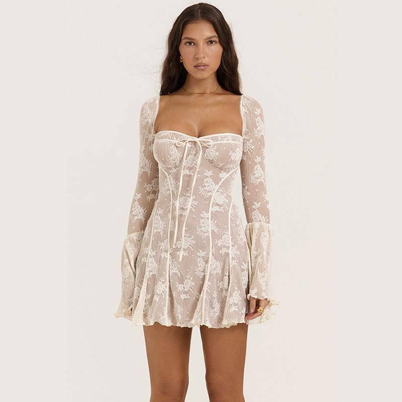 Lace Square Collar Dress Bell-bottom Long Sleeve Tied A- Line Dresses Womens Clothing-Light Apricot Colored-1