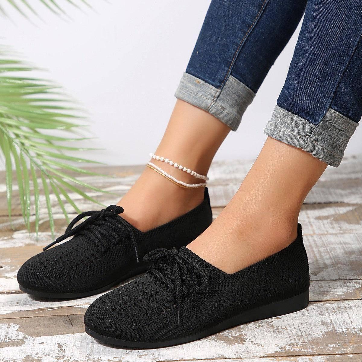 Lace-up Flats Women Fashion Breathable Lazy Mesh Shoes-Black-4