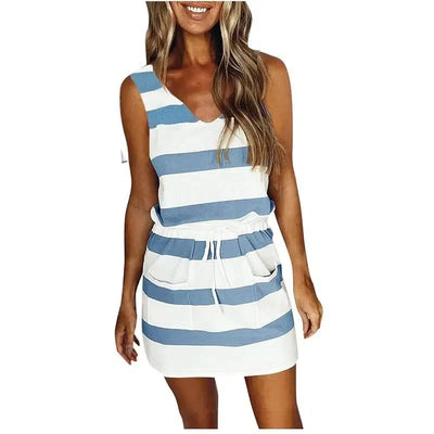 Ladies Color Striped Pocket V-neck Waist Halter Dress-Light blue stripe-11