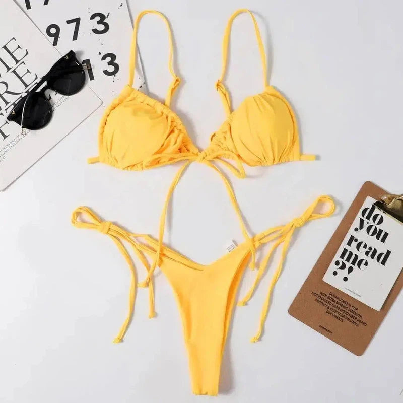 Ladies Swimsuit Solid Color Split Drawstring Thong-Yellow-8