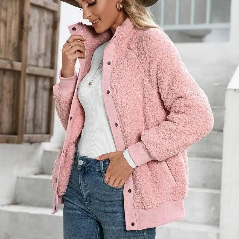 Lamb Plush Cardigan Jacket Double-sided Plush Jacket Coat-Pink-4