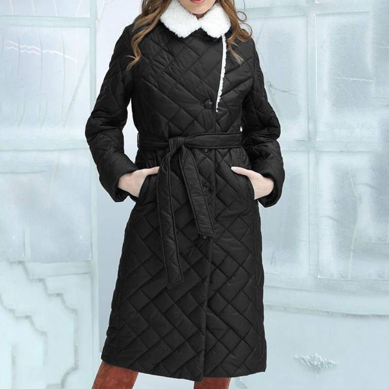 Lapel Cotton-padded Coat Mid-length Slim-fit Rhombus Plaid-Black-3