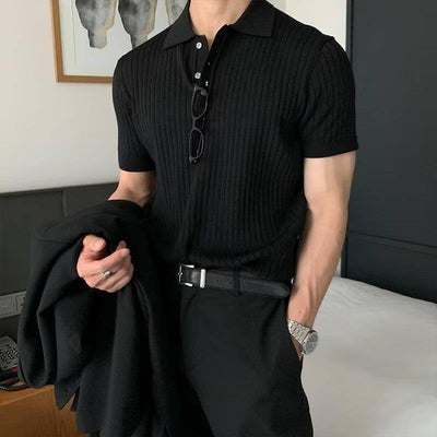 Lapel Polo Shirt Men's Fashion Brand Casual Summer Texture Solid Color Korean Style Knitwear Short Sleeve T-shirt-Black-1