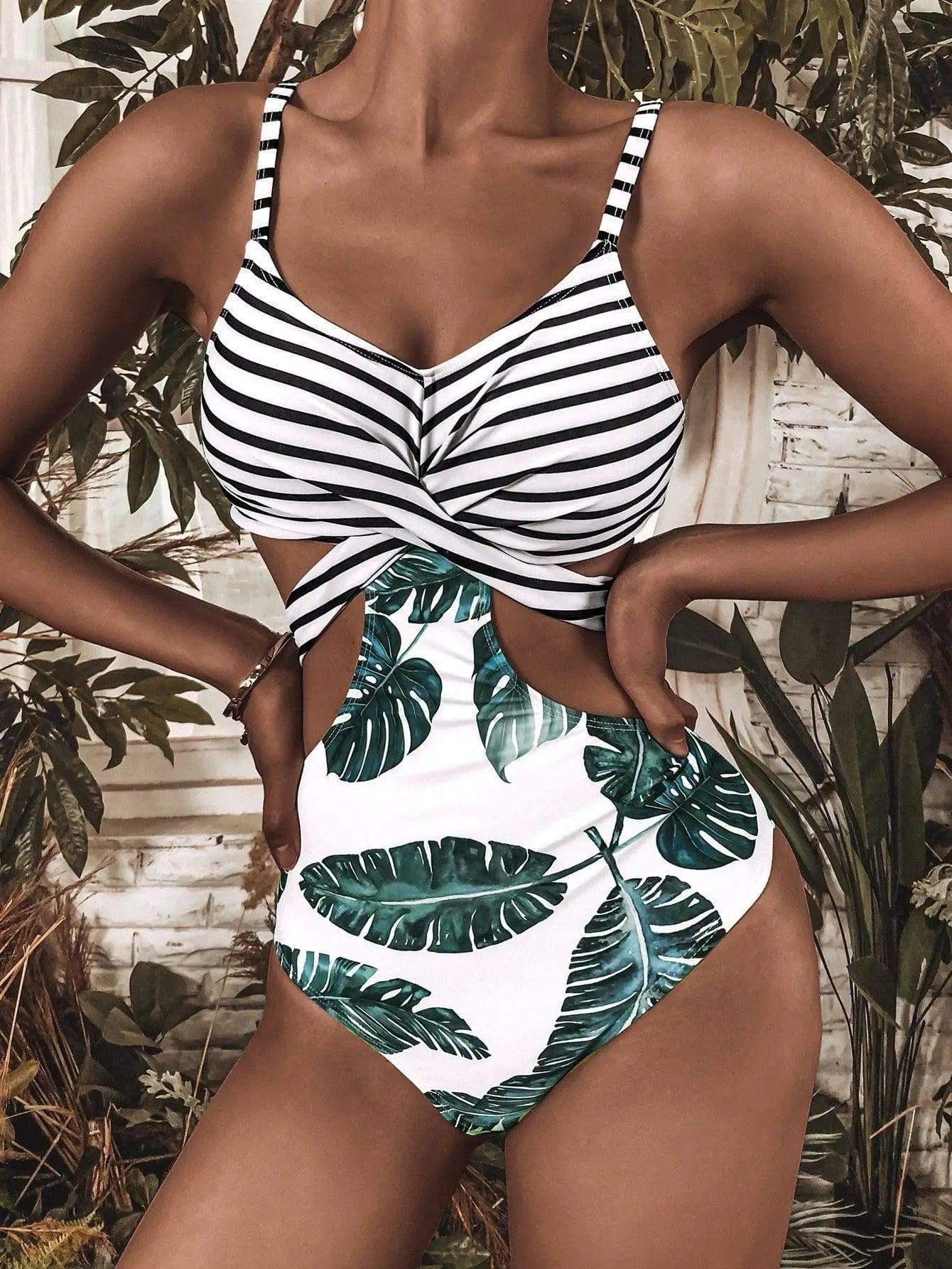 Leaf Print Bikini European And American Sexy Bikini-White-2