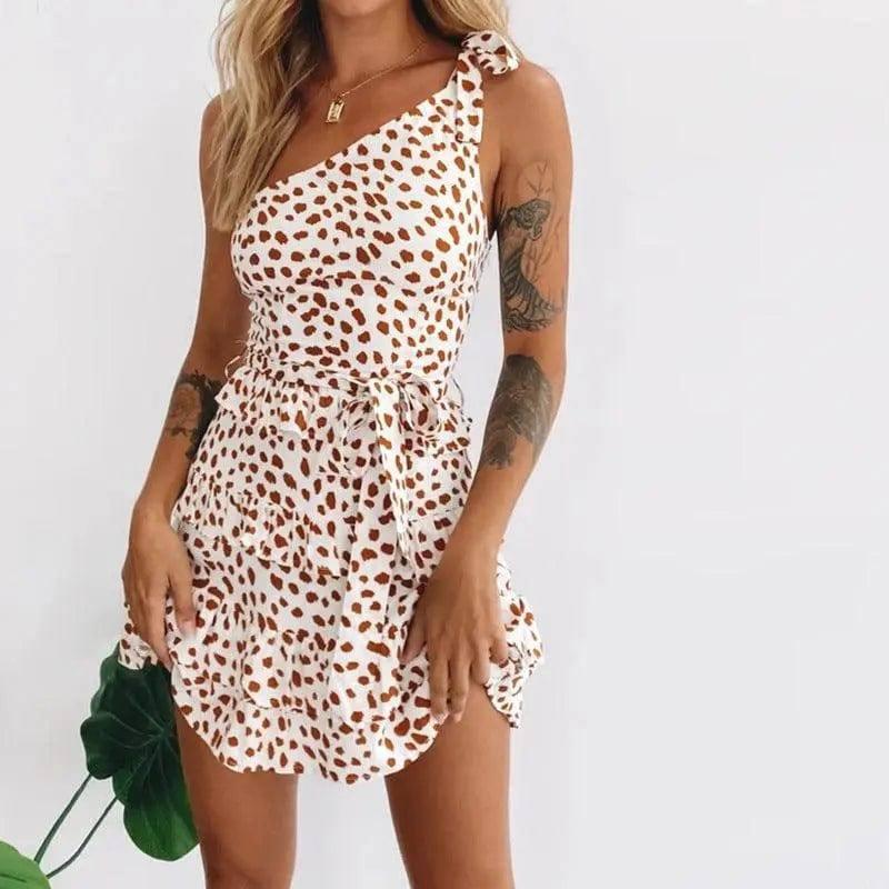 Leopard-print slanted shoulder dress-2