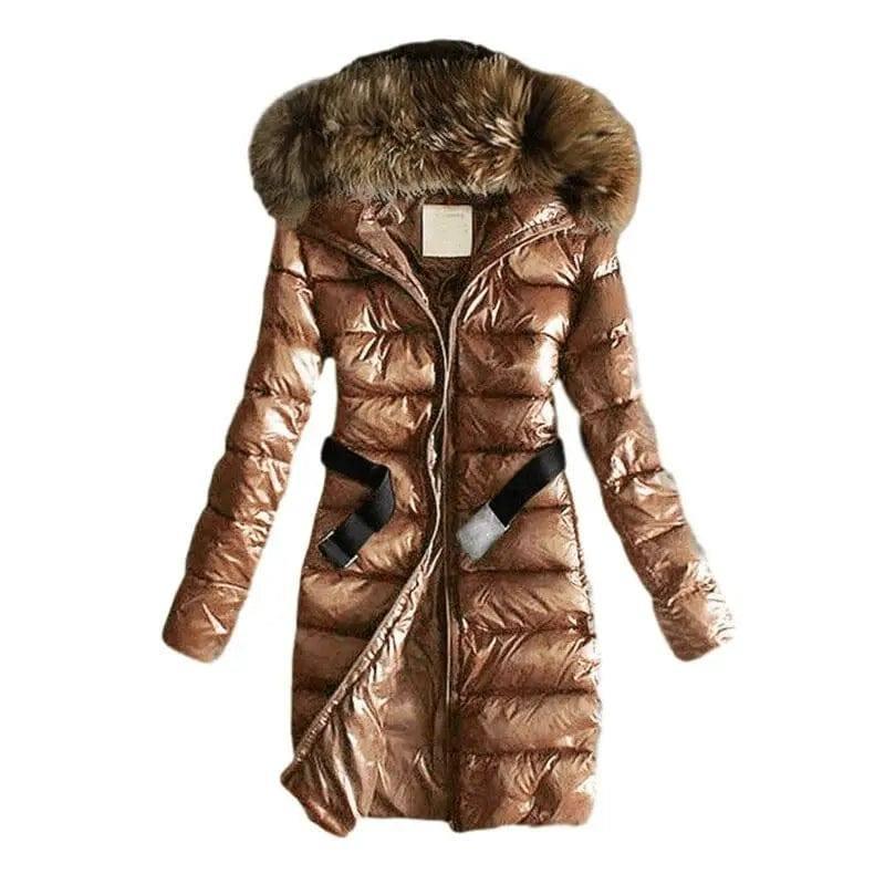 Long Quilted Jacket With Fur Collar And Raccoon Fur-BrownA-8