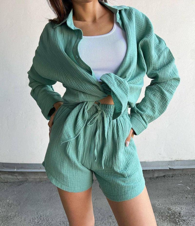 Long Sleeve Shirt Shorts Suit Women-Bean Green-10