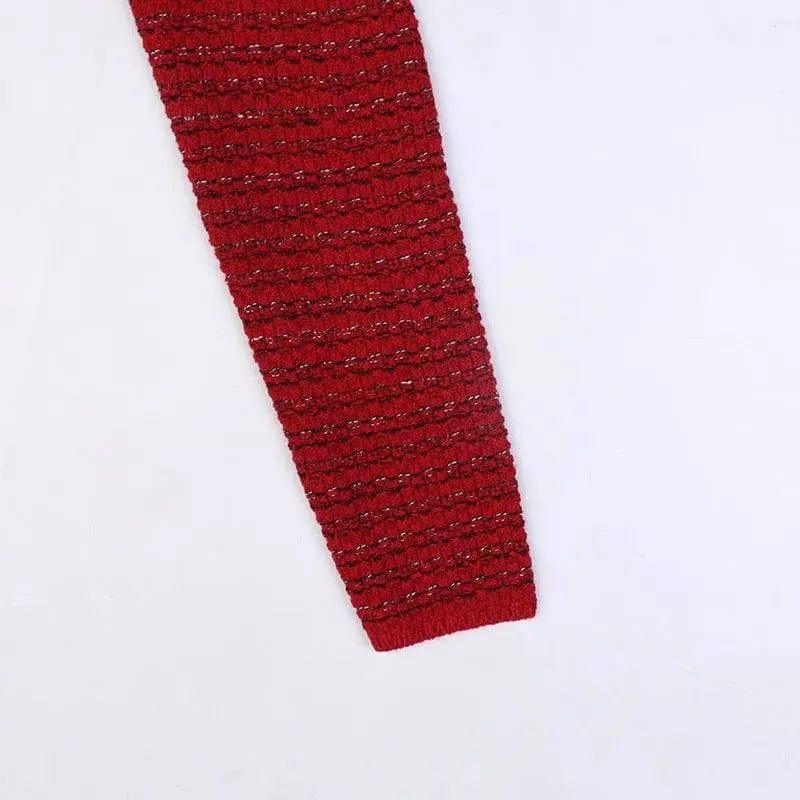 Long Sleeve V-Neck Gold Stripe Slim Mid-Length Red Knit-6