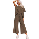 Loose Short Sleeve Trousers Suit-Brown-4