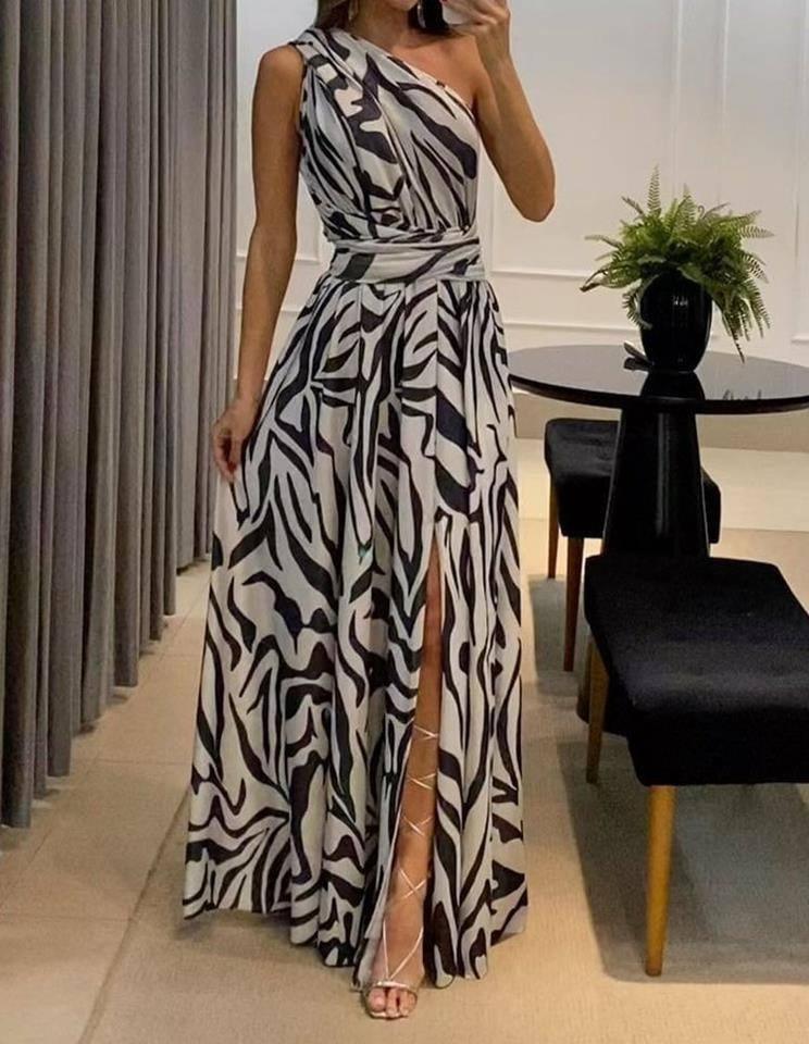 Loud back single shoulder sleeveless printed long dress for-black-1