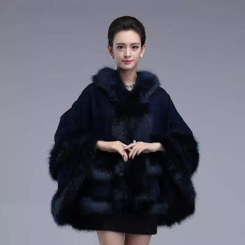 Autumn And Winter Fox Fur Hooded Cape Cape Ladies-Navy Blue-9