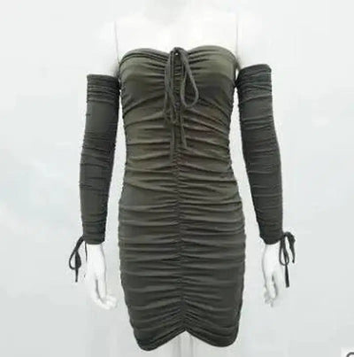 Bandage Dress Women Off Shoulder Long Sleeve Slim-Green-11