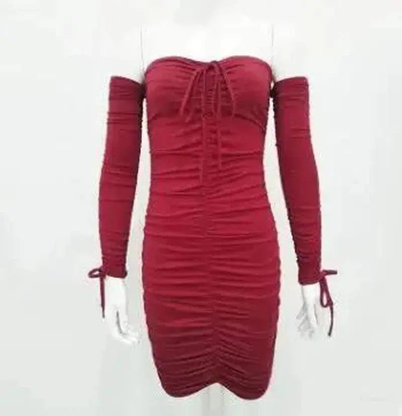 Bandage Dress Women Off Shoulder Long Sleeve Slim-Red-17