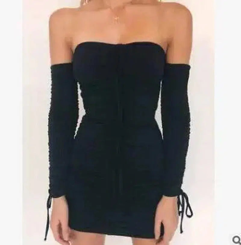 Bandage Dress Women Off Shoulder Long Sleeve Slim-Black-9