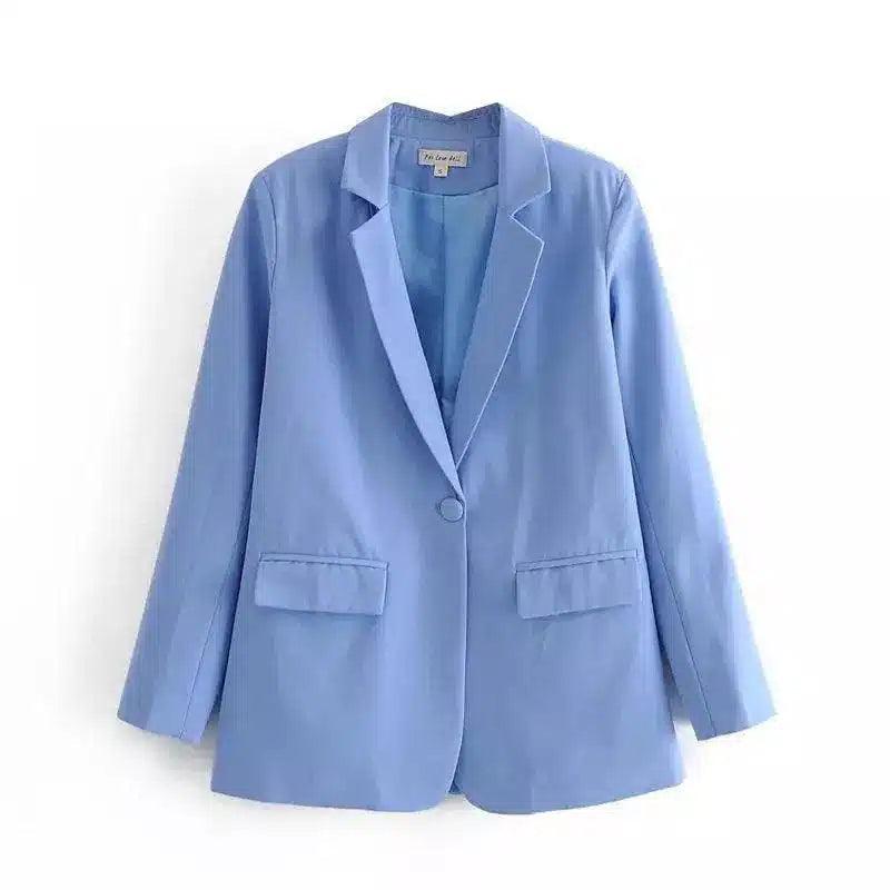 Blue Single Button Blazer Women's Clothing-Blue-1