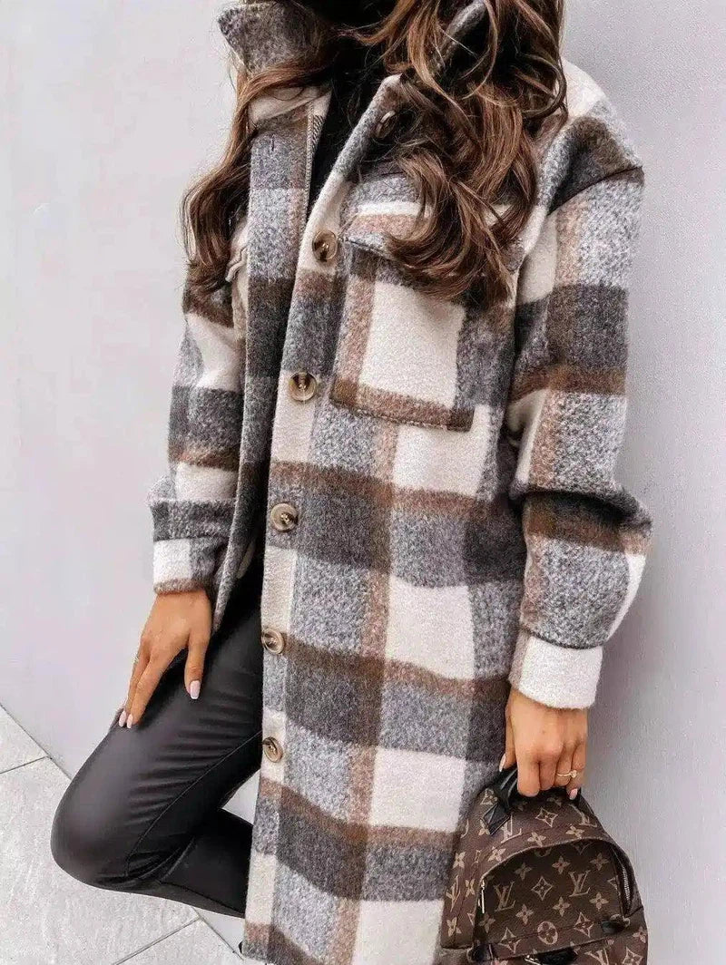 Button lapel casual warm plaid long woolen coat-GrayA-6