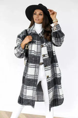 Button lapel casual warm plaid long woolen coat-Black-8