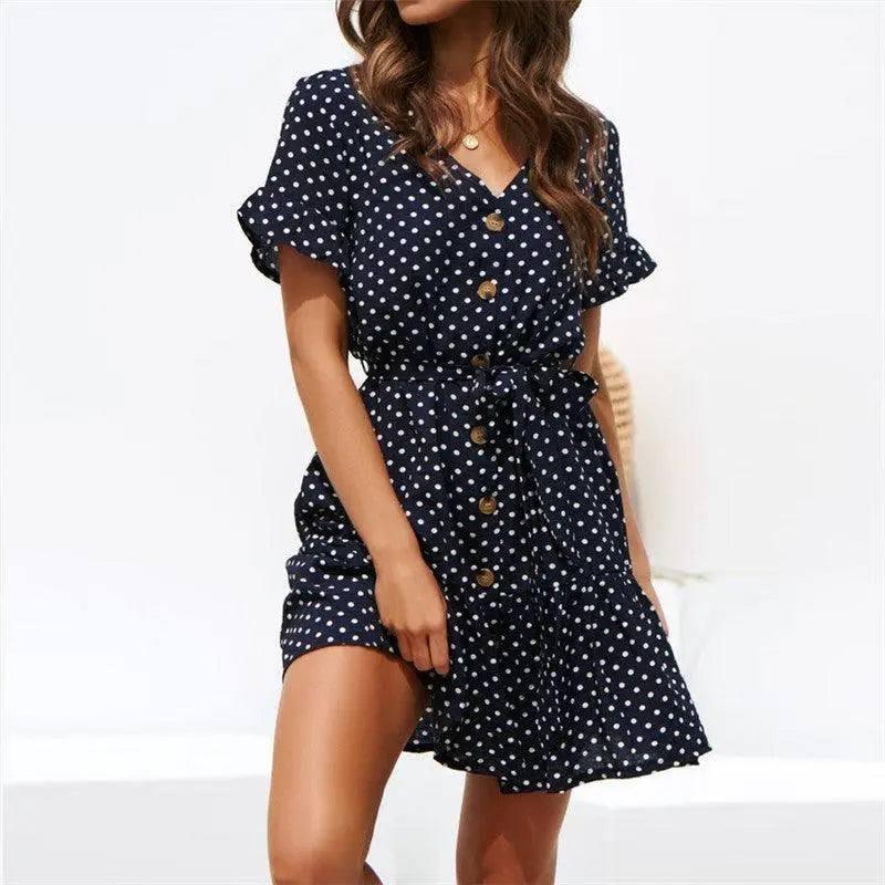 Casual polka-dot high-rise strap V-neck chiffon ladies dress-blue-9