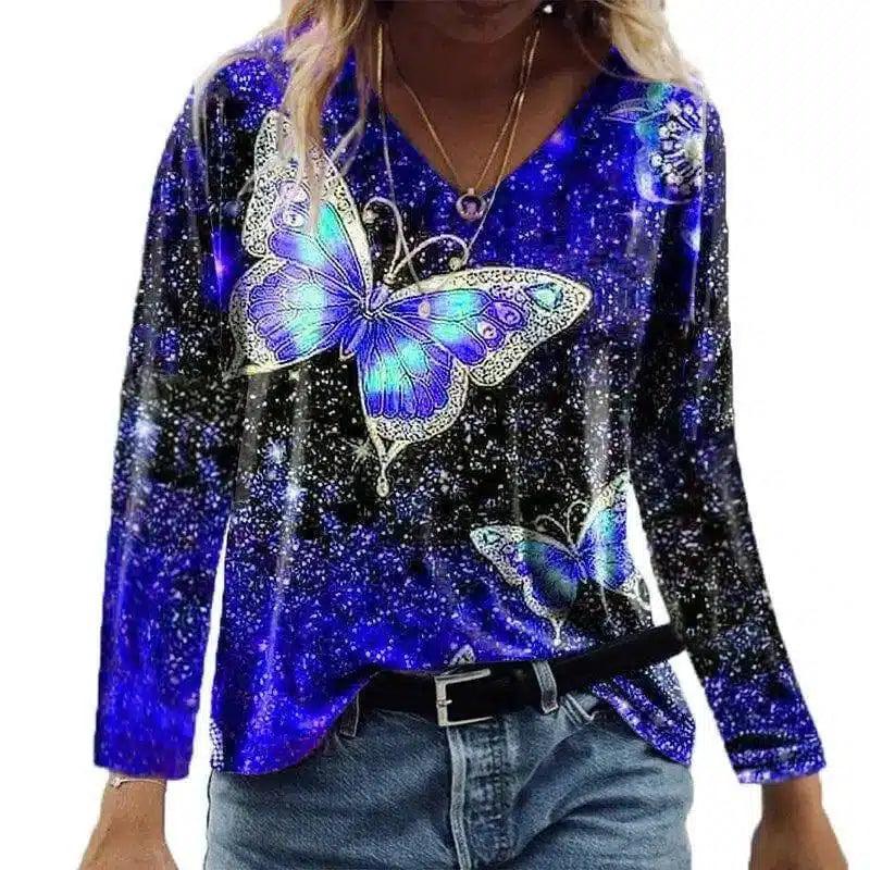 Women's Butterfly Print V-Neck Long Sleeve Top-Blue-7