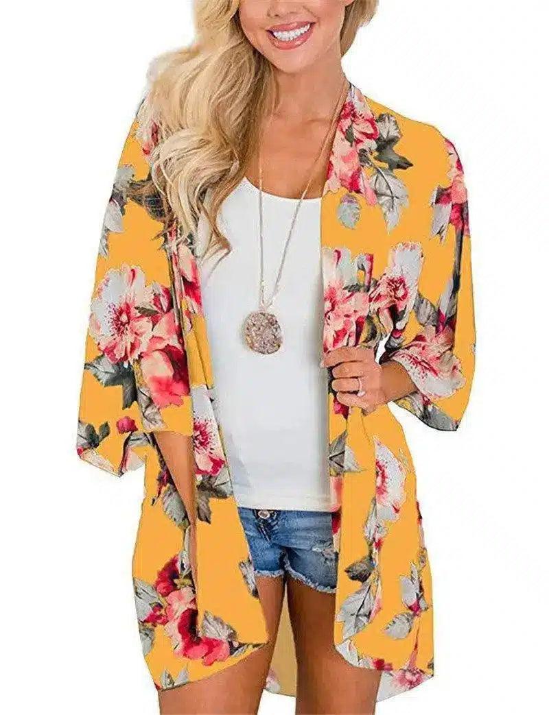 Floral Kimono Cardigan for Women-Yellow-4