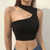 Asymmetric One-Shoulder Crop Top-Black-1