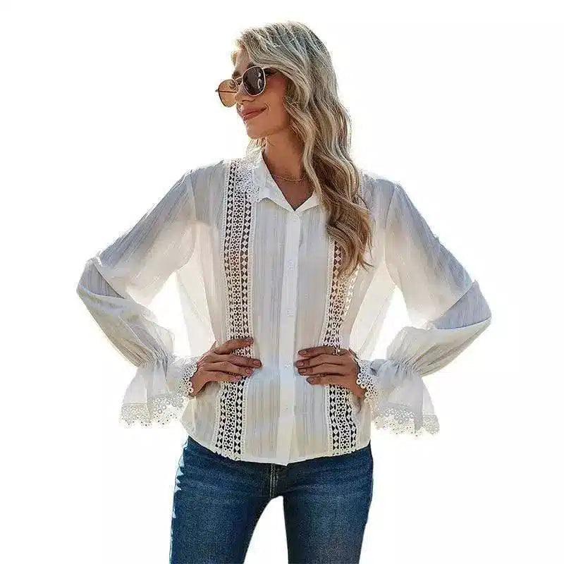 Lace Detail Women's Casual Blouse-White-2