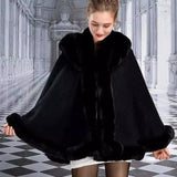 Double-layer Hooded Cloak Rex Rabbit Fur Collar-Black-3