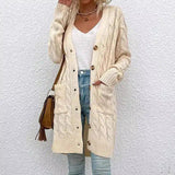 Women's Cable Knit Long Cardigan with Buttons-Offwhite-4