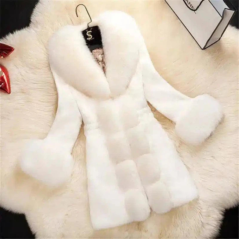 Elegant Imitation Fur Coat with Fox Collar-White-1