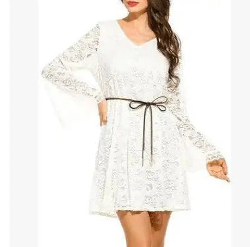 Elegant lace dress summer V-neck large size dress-white-13