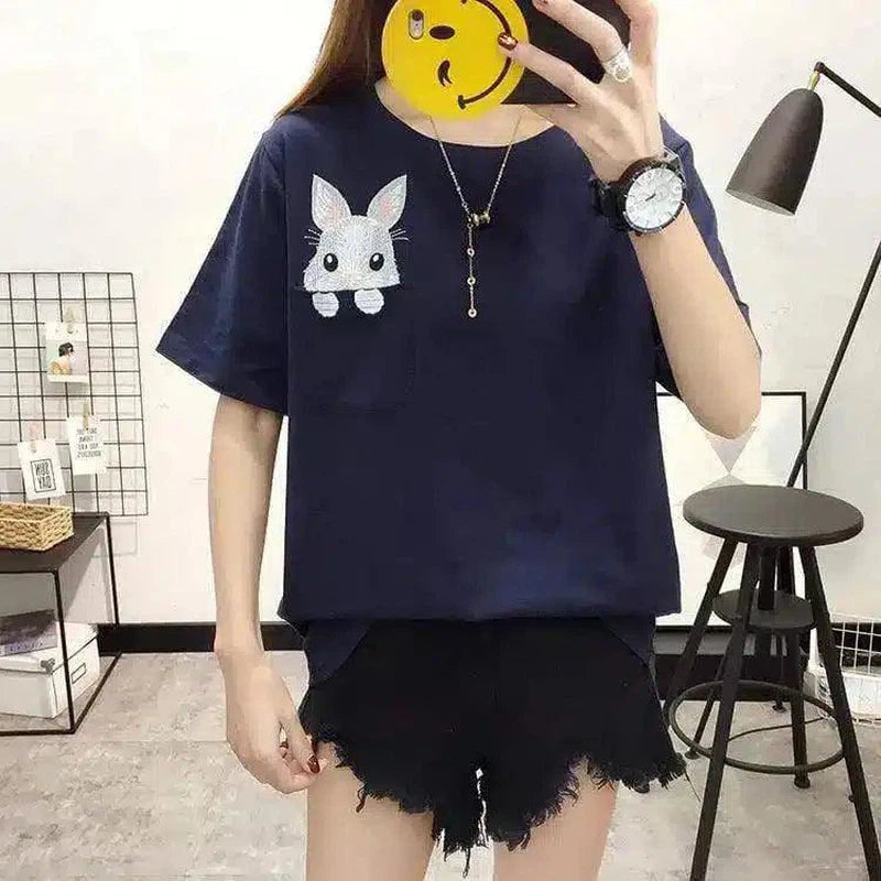 LOVEMI - Lovemi - Embroidered rabbit short-sleeved T-shirt female