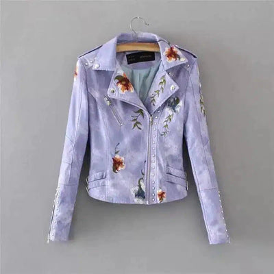 Floral Embroidered Leather Jacket for Women-Violet-3